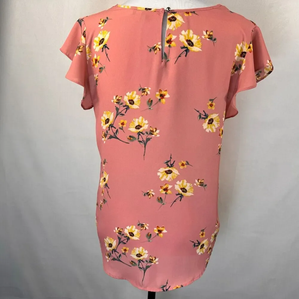 Lily White Ladies Sz M Dusty Pink Floral VNeck Cap Ruffle Sleeves - Picture 3 of 7